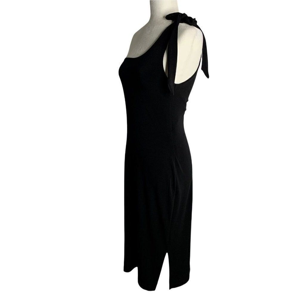 Vintage Guess Jeans One Shoulder Dress M Black Stretch Knit Shelf Bra Midi Tie - Picture 3 of 6